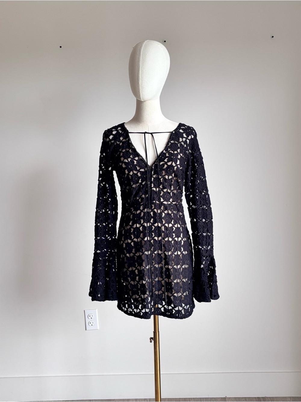Free People Black Crochet Tie-Front Mini Dress